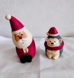 concombre 木彫り風サンタ＆ハリネズミ ミニフィギュア 2点セット