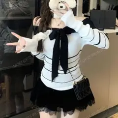 オフショルダー ニット オフショル リボン付き