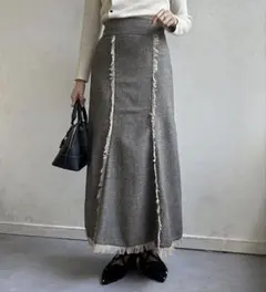 新品　ゼヴォン　ヘリンボンフリンジマーメイドスカート　ブラウン