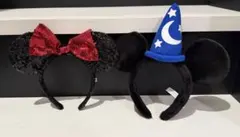 ディズニー公式 ミッキー＆ミニー耳カチューシャ（赤リボン・青帽子）