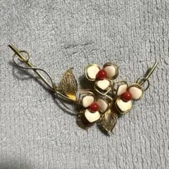 【ビンテージ/レトロ】赤珊瑚×七宝　フィリグリー　ゴールドカラー　ブローチ