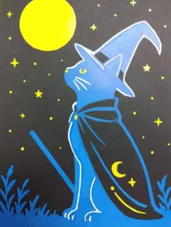 原画 猫イラスト 魔女猫と満月 星空 A4 アクリルペン 額無し