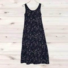 A1621 UNIQLO ロングワンピース ノースリーブ(M) ネイビー 花
