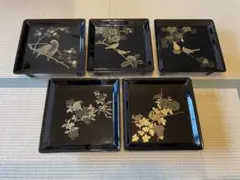 5点セット　脚付膳　お膳台　漆塗り　金　蒔絵　鳥　鷹　鶯　花　紅葉　もみじ　瓢箪