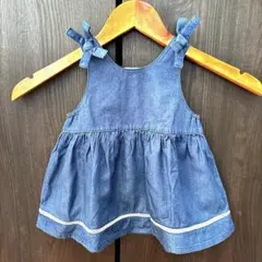 petit mainデニム ジャンパースカートリボン付き フレアワンピース 80