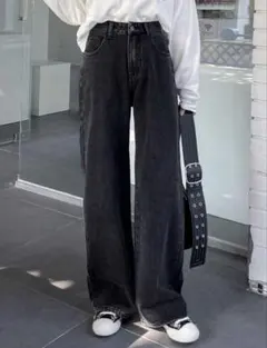 SHEIN ハイウエスト ワイドレッグ デニムパンツ グレー