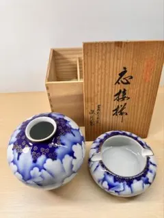 染付網目 蓋物 京焼 清水焼 茶道具 香合 旧家蔵出し 時代物 木箱 共箱 