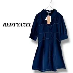 タグ付き✨【レディアゼル】ワンピース　パフスリーブ　タック　Aライン　膝上　紺