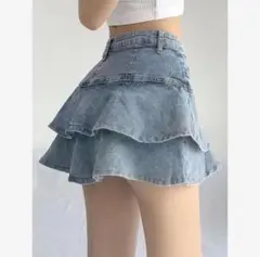 Lサイズ デニム フレアスカート ショートパンツ一体型 ライトブルー