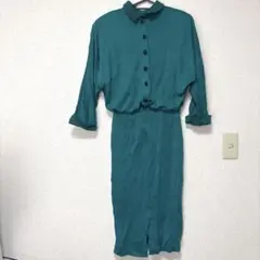 【F】ロングワンピース グリーン スリット入り レトロ 古着 緑 パーティー