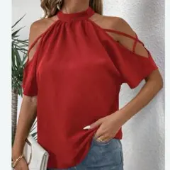 SHEIN CURVEオープンショル　鮮やかレッドブラウス　大きいサイズ4〜5Lのサムネイル