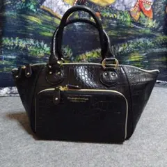 【Modaprincipe】ハンドバッグ 牛革 黒 クロコ型押し