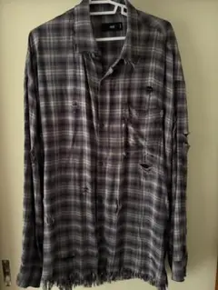 ダメージ加工 グレー系チェック 長袖シャツ