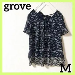 grove グローブ ドット柄 半袖ブラウス ネイビー Mサイズ シフォン素材