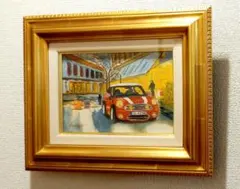 手描き　油絵　キャンバスイラスト　赤い車　風景画　都市風景　油彩画