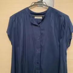 ネイビー 半袖 ボタン前開き ロングワンピース