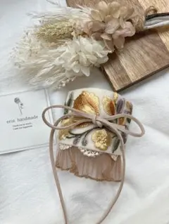 ꕤインド刺繍リボン　ポニーフック　ヘアカフ　黄色ラベンダー　リボン結びするだけꕤ