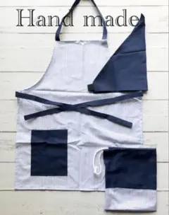 ハンドメイドストライプ柄　エプロン三角巾巾着3点子供用　紺水色150