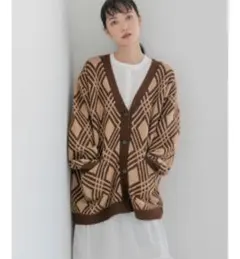 【美品】LOWRYS FARM ミドルVネックカーディガンLS ダイヤ柄 F