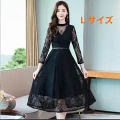 ワンピース Aライン Ｌサイズ 黒 レース 結婚式 お呼ばれ 可愛い おしゃれ