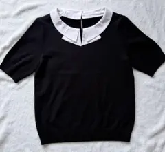 【美品】FOXEY フォクシー ブラック 白襟 半袖ニット カットソーのサムネイル