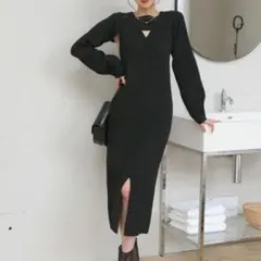 ロイヤルパーティー クロップドレイヤードニットワンピース ブラック 秋冬 量産