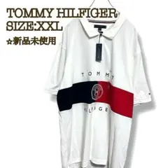 【新品】トミーヒルフィガー ポロシャツ XXL白 フラッグストライプチェストロゴ