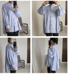 My:nia×sayaバックフレアシャツ　サックスストライプ