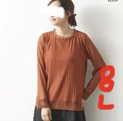 ブラウス　ストライプ　レース　大きいサイズ　レディース　ブラウン　8L