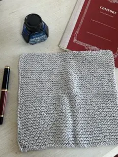 手編み コットンニット ハンカチ グレー 約20×20cm