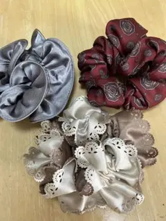シュシュ 3点セット サテン レース ヘアアクセサリー