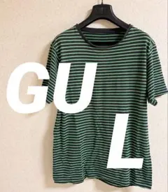 GUメンズ ボーダー柄 半袖Tシャツ グリーン×ブラックLサイズ
