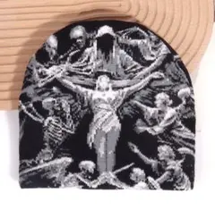 十字架 天使 骸骨 総柄 ビーニー ニット帽 ゴスロリ パンク モード ゴシック