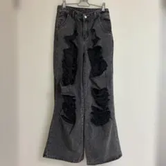 ダメージ加工 ワイドデニムパンツ ブラックのサムネイル