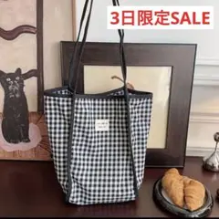ギンガムチェック トートバッグ　軽量エコバッグ　新品　ブラックホワイトチェック