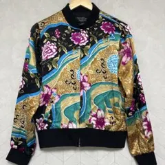 古着 シルク100% スカーフ柄 総柄 豪華多色花柄ブルゾン 薄手 春夏