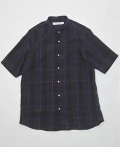 バンドカラー 半袖シャツ 黒と青のチェックのサムネイル