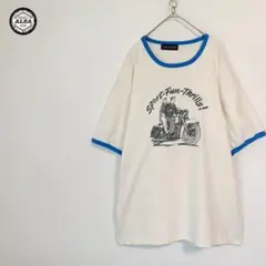 リンガーTシャツ　両面プリント　90sヴィンテージ　英字　白　ホワイト　青　半袖