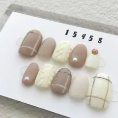 【15458】チェック　ニット　オフホワイト　モカベージュ　ラメ