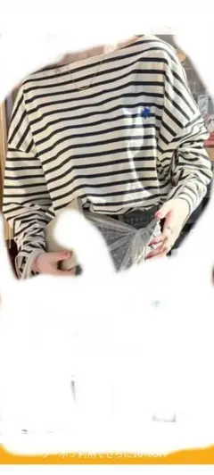 オフショルダー ネイビー×ホワイト ストライプ Tシャツ Lサイズ