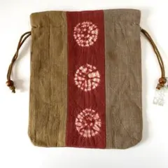 麻地の草木染　中型巾着袋