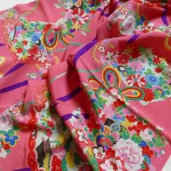 №123　古布　ハギレ　*正絹　錦紗縮緬　はぎれ*　34×157cm