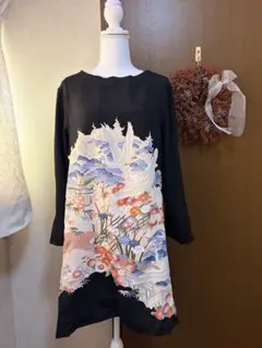 お値下げ　正絹黒留袖リメイク　鶴　松竹　菊　パステルカラーチュニックワンピース