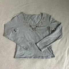 グレー 長袖Tシャツ ビーズ刺繍