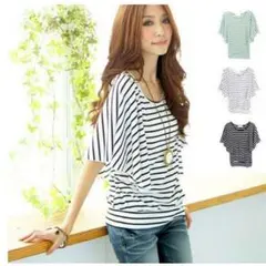 期間限定★ボーダー柄フリル袖カットソーＴシャツ  ラウンドネック　グリーン