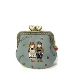 くすみブルー/可愛いベス&ビリー柄のがま口 (ハートげんこ/リンゴチャーム付)