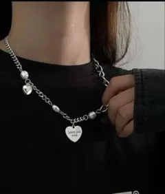 送料無料　ハート型チャーム付きシルバー色ネックレス韓国Y2Kパール
