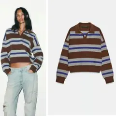 ZARA ストライプ柄ポロニットセーターボーダー
