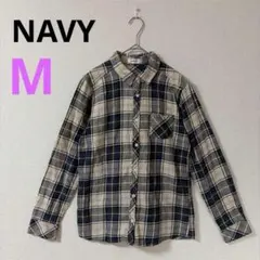 【NAVY】チェック柄シャツ 長袖　ネイビー　ホワイ　カジュアル　ラフ　Mのサムネイル