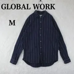 【グローバルワーク】メンズ 長袖 シャツ カジュアル ストライプ M ネイビー